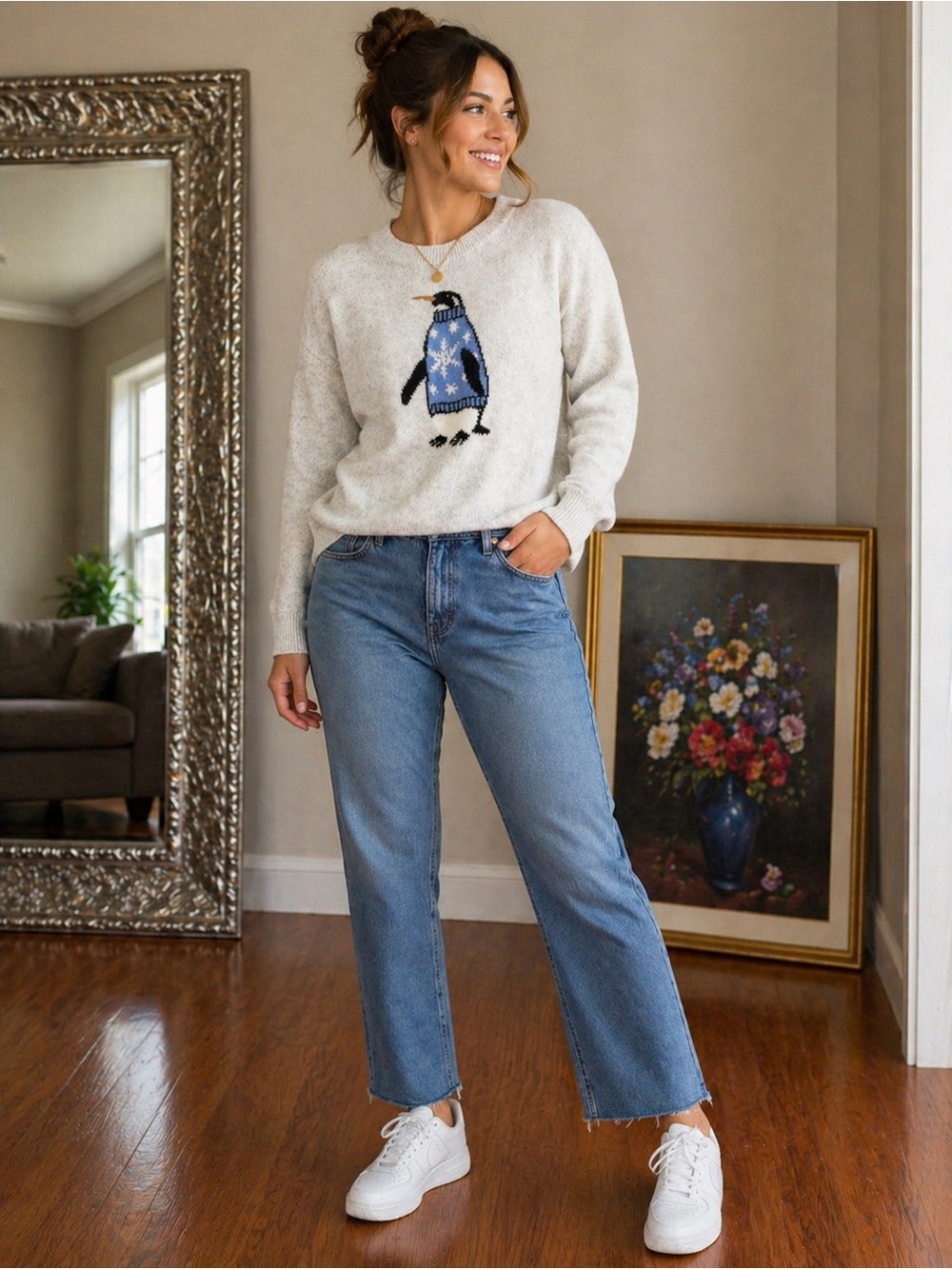 LOFT Cream Pullover Sweater with Blue Penguin Motif